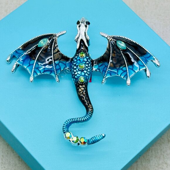 Brand New Blue Flying Dragon Brooch Rhinestone Flying Dragon Pin - Picture 1 of 5